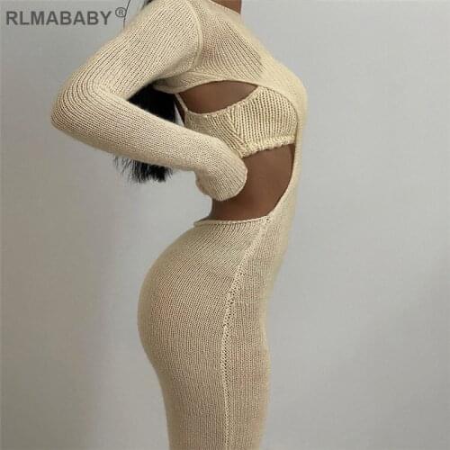 Knitted Sweater 2 Piece Set Suit Women Sexy Bacless Long Sleeve Maxi Bodycon Dress And Spaghetti Strap Cropped Top Outfits Set