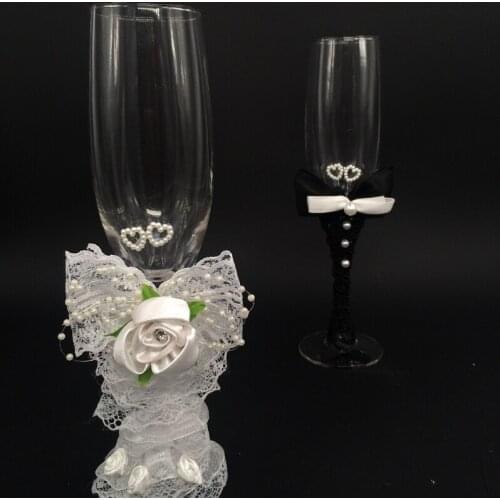 1 Pair/Lot pearl heart wedding Champagne Toasting Glasses Set for wedding decoration