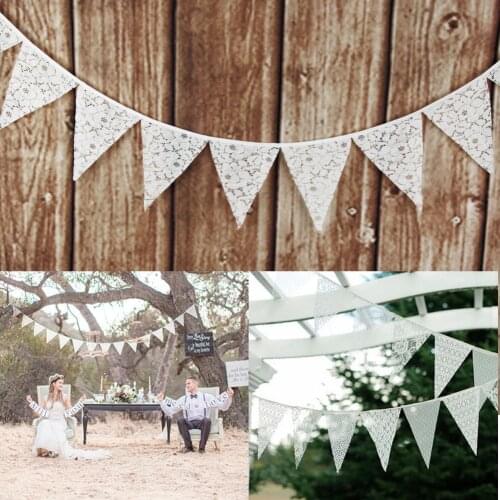 12 Flags 3.2m White Lace Flag Banner with Flower Cotton Fabric Bunting Pennant Garland Wedding Decoration Party Supplies