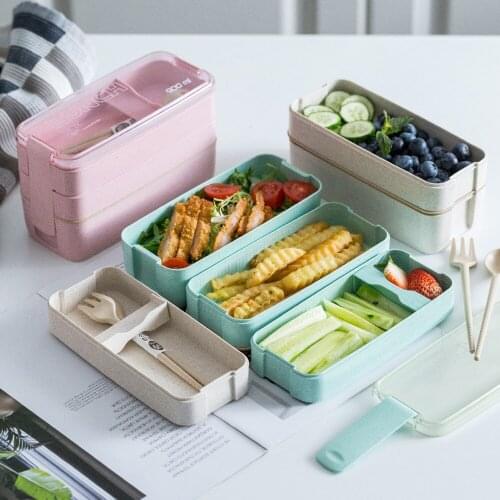 900ml 3 Layer Lunch Box Microwave Dinnerware Wheat Straw Bento Boxes Food Storage Container Foodbox Lunchbox for Kids Student