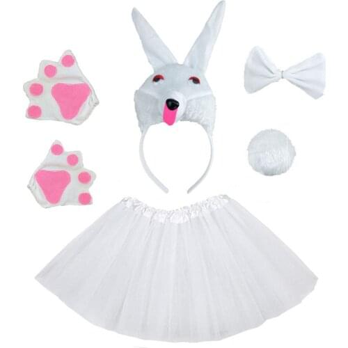 White Pink Rabbit Animals Headband Bowtie Tail Tutu Skirt Paw Women Girl Costume Christmas Halloween