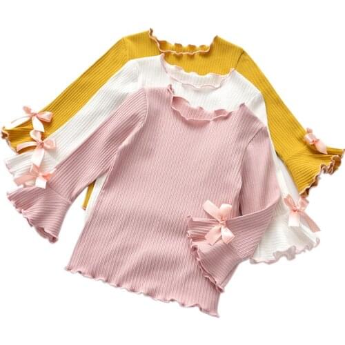Baby girls Tops Flare sleeve girls shirt ribbon bow design kids t shirt autumn tops children clothes toddler outwear 2-6Yrs