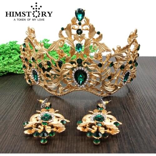 HIMSTORY European Retro Gold Vetiver Irises Wedding Hair Crown ,Green Rhinestones Bridal Quinceanera Pageant Tiaras