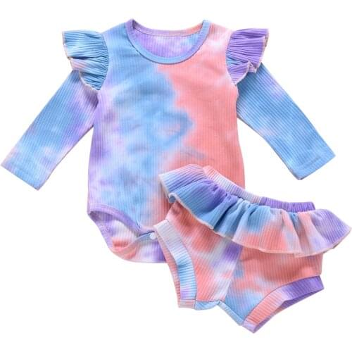 Imcute 2 Pcs Newborn Tie-dye Outfits, Infant Long Sleeve Round Neck Romper Ruffle Shorts Toddler Ribbed Clothes Set