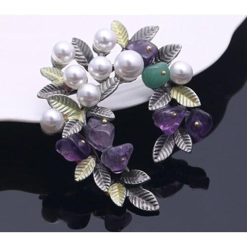 Colorful Natural Stone Leaf Brooches Pins Vintage Style Imitation Pearl Big Women Brooch Wedding Accessories Fashion Jewelry