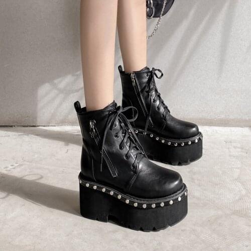 Fashion Motorcycle Boots rivet Shoes Woman High Heel Platform PU Leather fur Boots Lace Up Women Shoes Ankle Boots Spring shoes