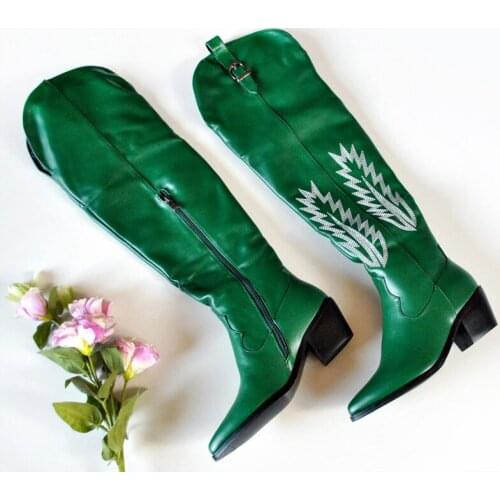 Fashion Embossed Microfiber Leather Women Knee High Boots Pointed Toe Western Cowboy Boots Women Zip Chunky Wedges Boots Runway