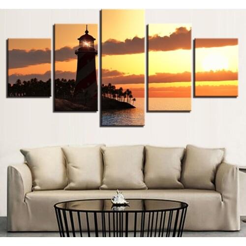 Modular Canvas Painting Wall Art Pictures Home Decor 5 Pieces Sunset Landscape Lighthouse Sea Level Hd Print Poster No Frame