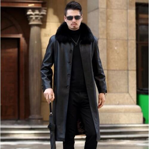 Fur collar mens leather coats slim motorcycle long coat men jackets fashion black plus cashmere father clothes jaqueta de couro