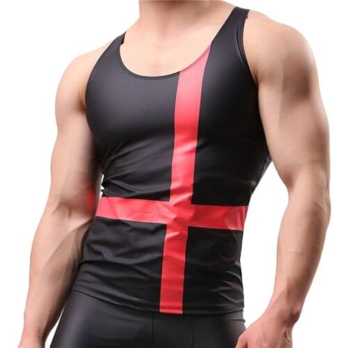 PU Leather O-neck Men Undershirts Sexy Sleeveless Shirts Men Imitatiion Faux Leather Undershirts For Casual Wear Plus Size XL