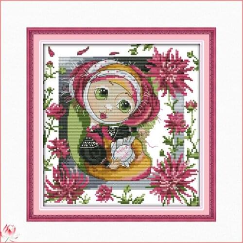 Cute Girl And Flower Cross Stitch Kit 14CT11CT Canvas Printed Fabric Embroidery Kit DIY Needlework Sewing Set Home Deco Painting