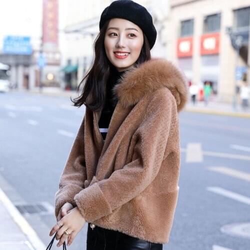 New Real Women 2020 Winter Jacket Fox Collar Hooded Korean Plus Size 200% Wool Coat Womens Fur Coats F2949 KJ4282