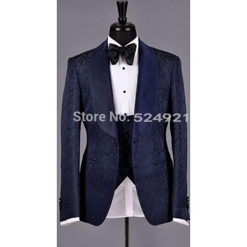 New Arrival Groomsmen Shawl Satin Lapel Groom Tuxedos Navy Blue Men Suits Wedding Best Man Blazer (Jacket+Pants+Tie+Vest) C312