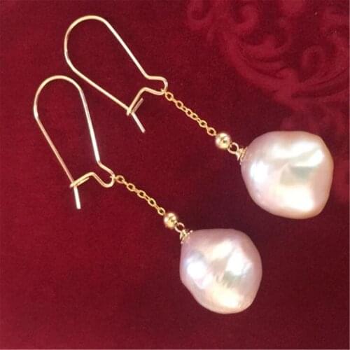 12-13mm Pink Baroque Pearl Earrings 18K Gold Ear Drop Dangle Real Wedding Gift Aurora Women Mesmerizing Jewelry Cultured