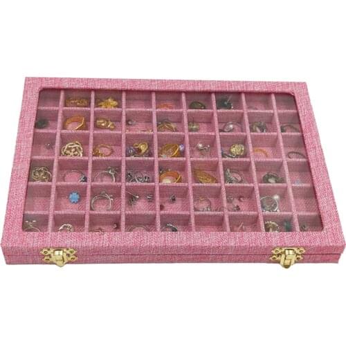 Jewelry Tray Box Storage Ring Bracelet with 54 Mini Grids Clear Glass Lid Showcase Display for Home Shop Counter Organizer Ring