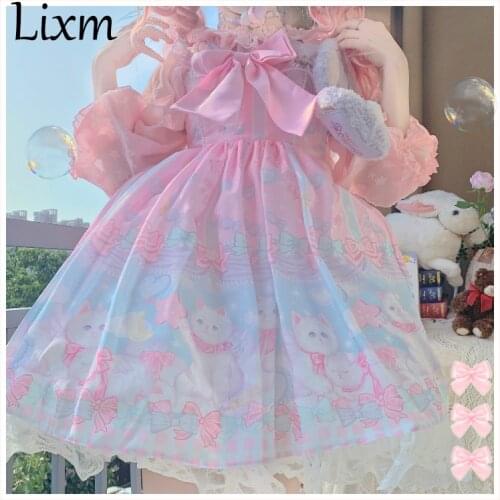 Victorian Vintage Women Sleeveless Bowknot Princess Party Dresses Dream Cat Print Girls Japanese Sweet Kawaii Jsk Lolita Dress