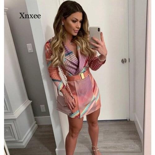 Spring Colorful Striped Print Blazer Sexy Turn-Down Collar Long Sleeve Mini Casual A-Line Shirt Dress