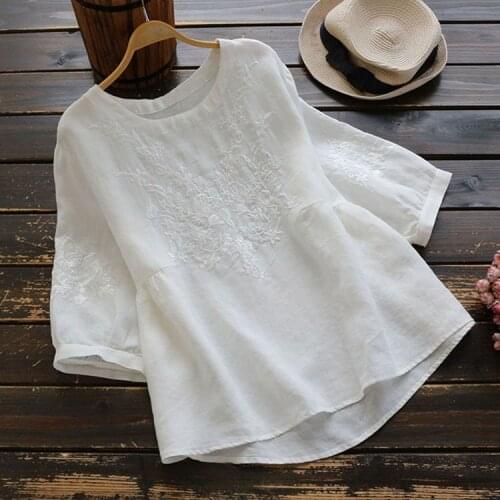 Summer Summer Casual Womens Loose Ruffles 3/4 Sleeve Embroidery Green White Linen Blouse Top , 4xl Tops and Shirts for Women