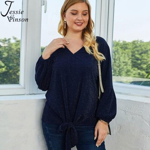 Jessie Vinson Long Sleeve V-neck Plus Size T Shirt Women Casual Loose Front Knot Shiny Knitted Tops Female Tee Shirt Femme
