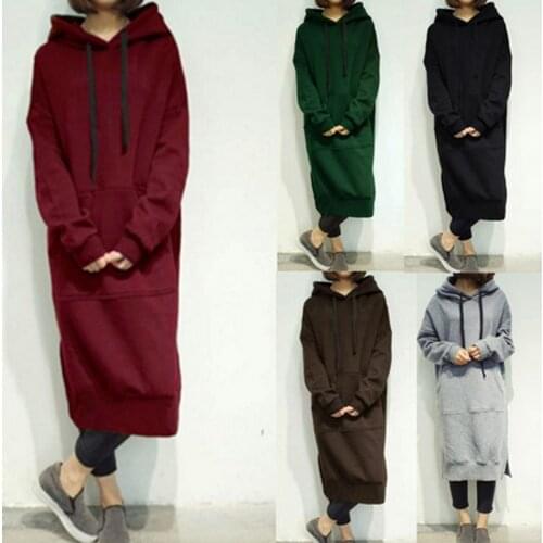 S-5XL Casual Spring Autumn Women Long Pullover Fleece Hooded Plus Size Sweatshirt Dress Solid Hoodies 6 Colors Oversize Tops