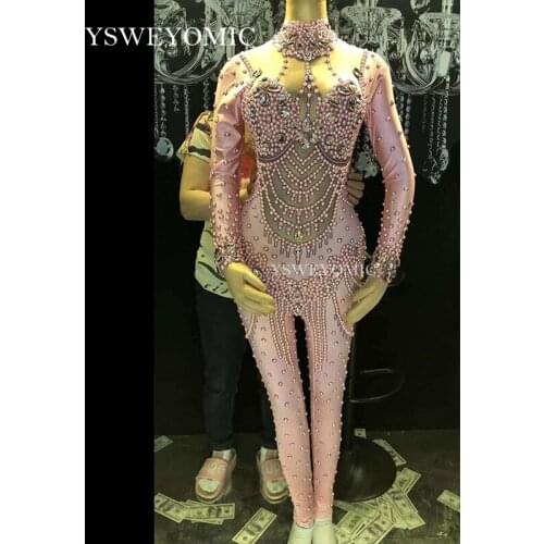 2019 Women Sexy Stage Pink Color Jumpsuit Pink Glass Sparkling Crystals Bodysuit Nightclub Party Stage Wear Performance Costumes