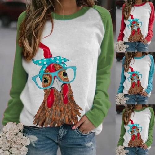 Womens Chicken with Bandana Printed Color Block Sweatshirt Long Sleeve Top TY66