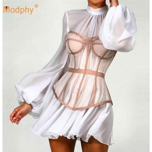 2021 Spring Women White Lace Mini Dress Sexy Striped Lantern long sleeve Fashion Celebrity Evening Club Party Female Dresses New