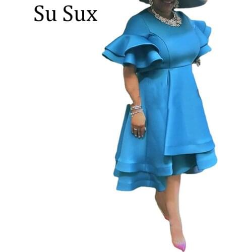Ruffles Party Dress African Clothes Robe Africa Clothing Vintage Blue O Neck High Waist A Line Dress Plus Size Evening 2021 Spri