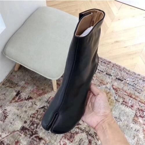 2020 New Split Toe Women Ankle Boots Genuine Leather Botas Mujer Short Booties Round Chunky High Heel Autumn Boot Dress Shoes