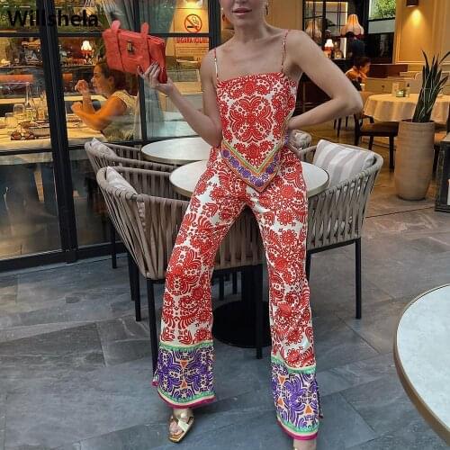 2021 Women Two Piece Set Vintage Printed Fashion Halter Crop Top Elastic Waist Trousers Chic Lady y2k Woman Outfits Pants Sets