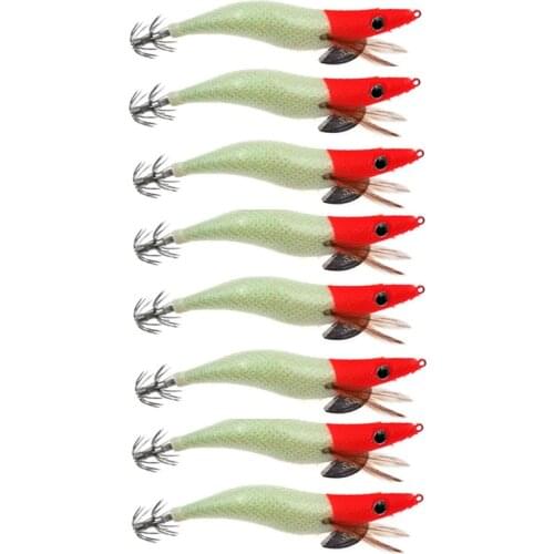 8PCS Luminous Wood Shrimp Squid Jigs Bait 13.5CM 21G Artificial Jigging Fishing Lure Squid Lure For Cuttlefish Octopus
