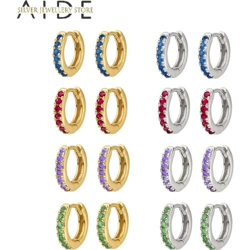 AIDE Luxurious 925 Sterling Silver Hoop Earrings For Women Geometric Colorful Zircon Pave Pierced Earings Fine Jewelry kolczyki