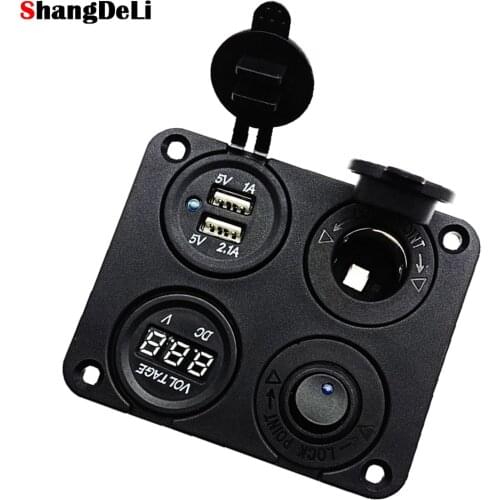 4 in 1 Car Marine Boat LED Toggle Switch Panel Dual USB Charger Socket LED Voltmeter 12-24V Power Outlet On-Off Switch