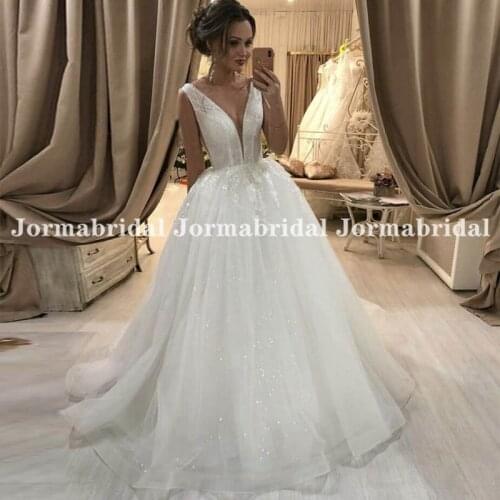 Shiny Ball Gown Wedding Dresses 2021 Lace Appliques Deep V-Neck Glitter Tulle Bridal Dress Princess Full Length Robe De Mariage