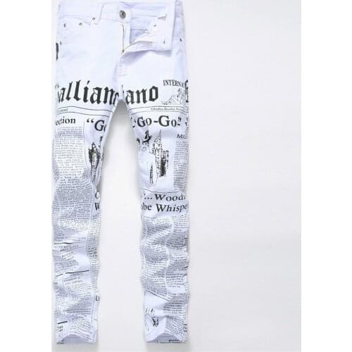 High Street Fashion Brand Mens Jeans Night Club White Color Personal Designer Printed Jeans Men Punk Pants Skinny Hip Hop Jeans