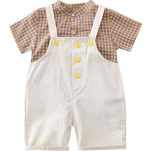 Plaid Shirt + Overalls ] 2pcs Boy summer suit handsome suit kids boutique clothing wholesale 1-3 years cotton toddler clothes