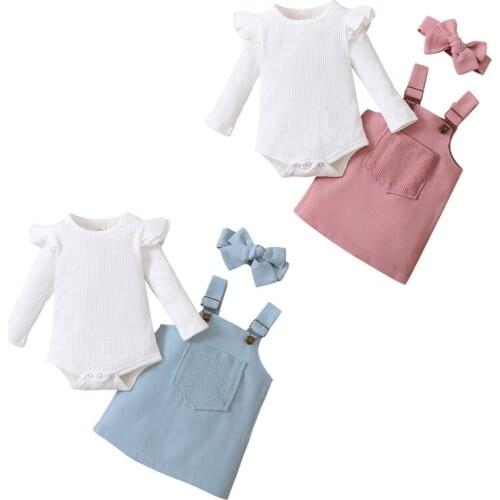 3Pcs Infant Vintage Baby Girl Clothes Set Outfit Ruffle Long Sleeve Romper + Front Pocket Suspender Skirt + Headband Clothes Set