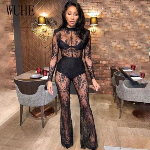 WUHE Black Floral Lace Jumpsuit See Through Flare Patchwork Sexy Long Sleeve O Neck Package Hip Skinny Night Club Party Outfit