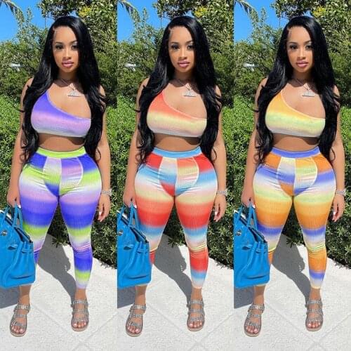 Fall clothes for women Rainbow sexy tights pants and one shoulder crop tank top vest knit bodysuit streetwear 2 piece short set