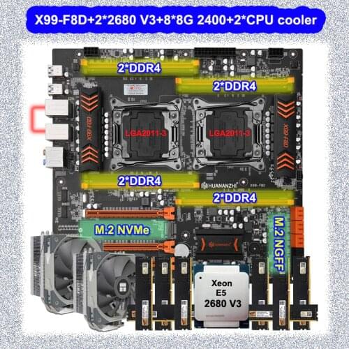 HUANANZHI X99-F8D LGA2011-3 motherboard with dual Xeon processor E5 2680 V3 with dual CPU cooler memory 64G(8*8G) 2400 PC DIY