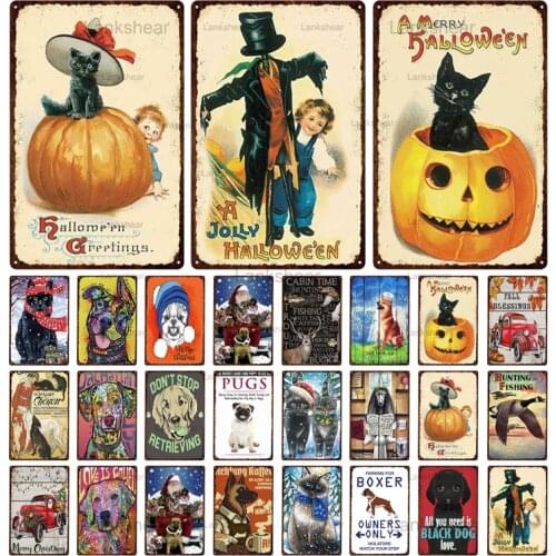 Vintage Animal Cute Dog Cat Metal Poster Tin Signs Wall Plaque Pet Shop Home Bar Pub Decor Retro Plate Halloween Christmas Decor