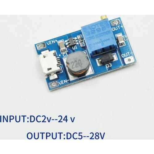 DC-DC step-up module, wide input voltage 2A booster board, 2/24V boost to 5/9/12 / 28V, adjustable 2577