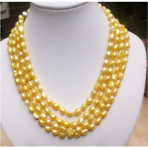 Nobility Womans jewelry 4rows 8-9mm Yellow baroque freshwater necklace jewelryCZ Luxury Ms. girl