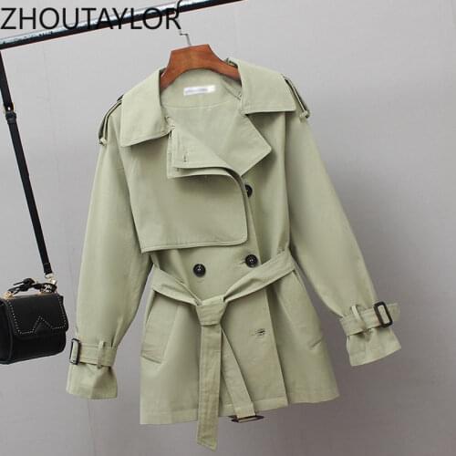 ZHOUTAYLOR Trench Women Sweet Double Breasted Office Lady Tops Femme Full Sleeve V-Neck Slim Fit Autumn New Coat Female S0659