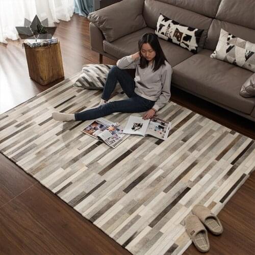 Striped Patchwork Cowhide Rug Modern Minimalist Geometric Fur Gray Rectangular Custom