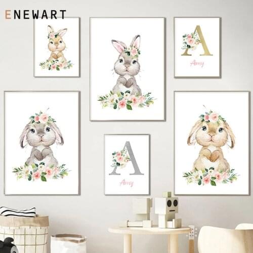 Dropshipping Rabbit Nursery Wall Art Custom Name Canvas Painting Bunny Print Poster Nordic for Baby Kids Room Pictures Decor