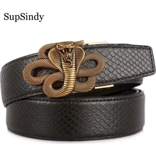 SupSindy Black genuine leather mans belt Cobra metal Automatic buckle Cowhide Leather Belts for men jeans waistband male strap