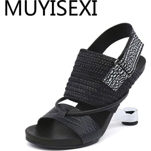 8cm Metal High Heel Gladiatus Sandals Genuine Leather Open Toe Strange Heel Summer Women Shoes Elastic Band Black HL91 MUYISEXI