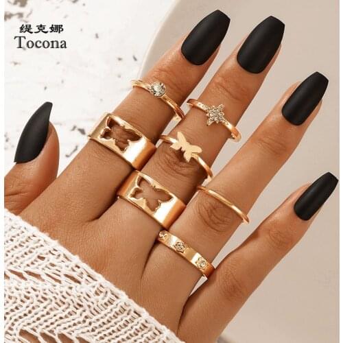 Tocona 7pcs/set Charms Butterfly Gold Ring Sets for Women Shiny Crystal Stone Hollow Out Wedding Couple Ring Jewelry кольцо18780