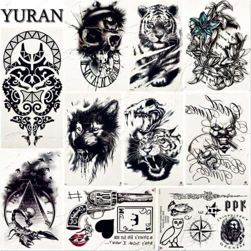 YURAN Black Arm Tattoo Fake Men Sexy Tiger Tattoos Temporary Women Skull Arm Henna Totem Big Sexy Tatoos Waterproof Stickers